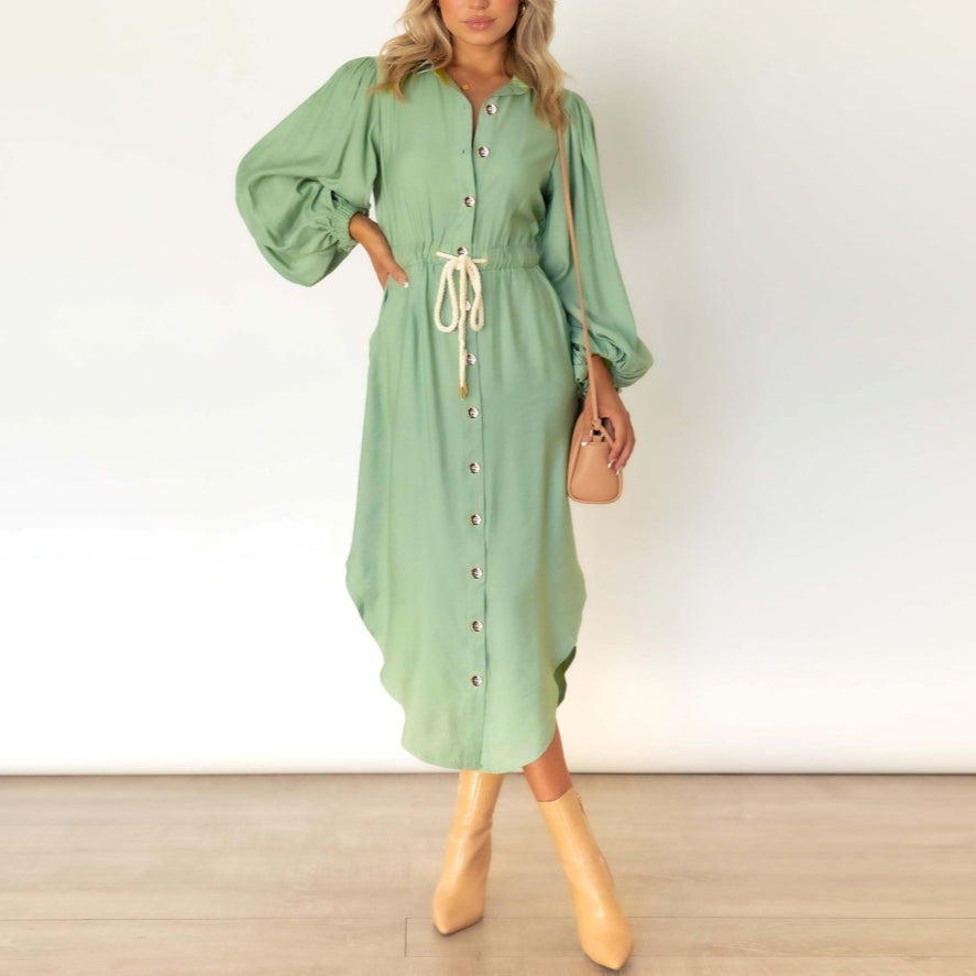 Long Sleeve Midi Lace-Up Linen Shirtdress Wholesale Shirt Dresses