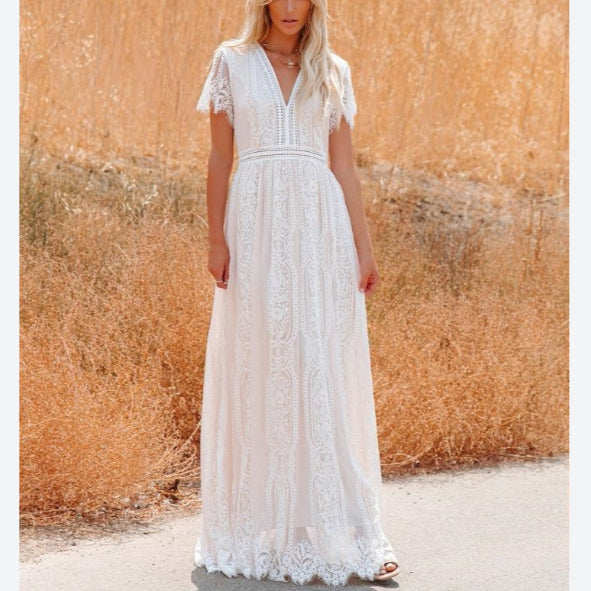 Solid Color Short Sleeve V Neck Lace Hollow High Waist Swing Wedding Dress Wholesale Maxi Dresses