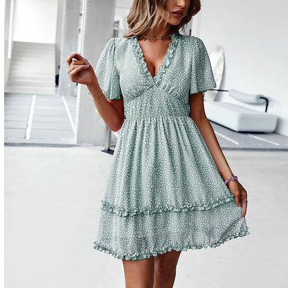 Printed Short Sleeve Agaric Laces Ruffled Dress Wholesale Dresses