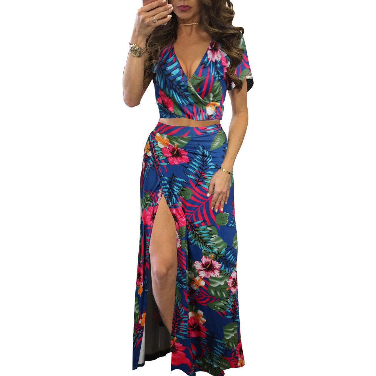 Floral Printed Short Sleeve Lace Up Crop Tops & Slit Maxi Skirt Vacation Clothing Wholesale Womens 2 Piece Sets