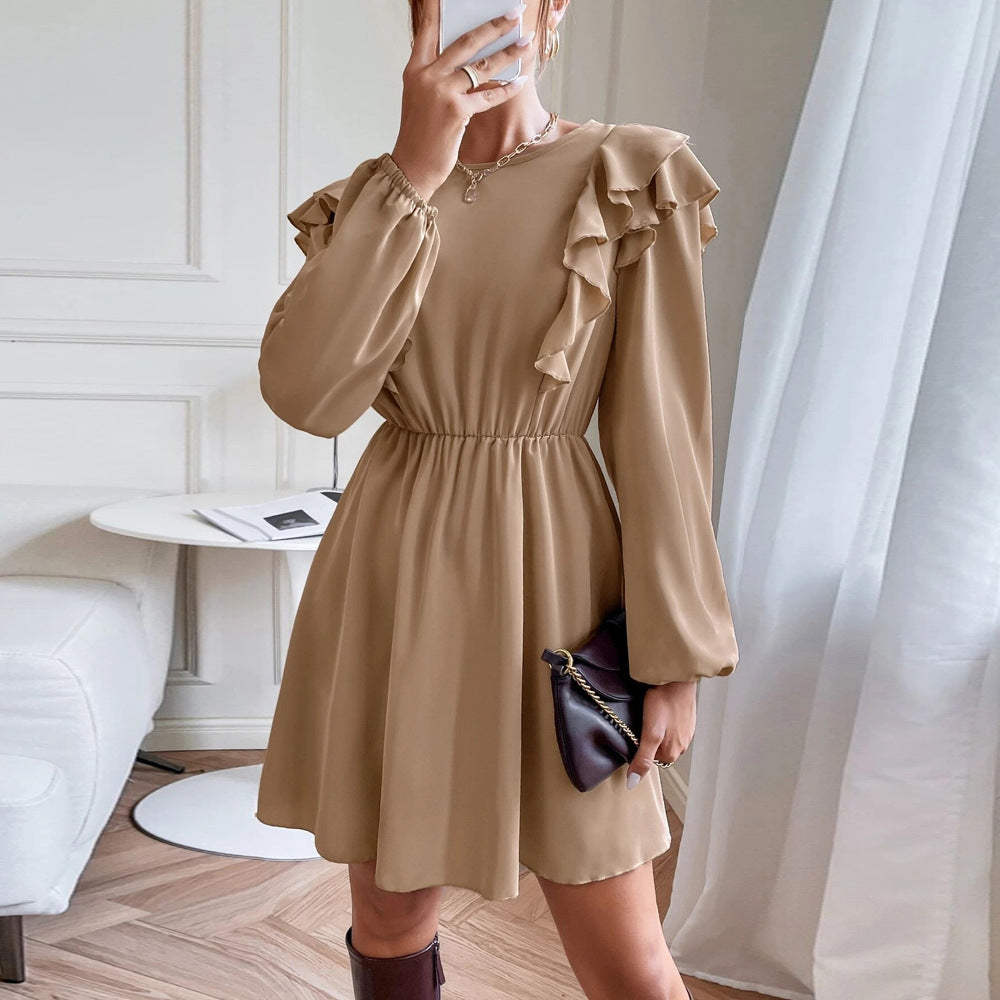 Ruffled Round Neck Long-Sleeve A-Line Dress Wholesale Dresses