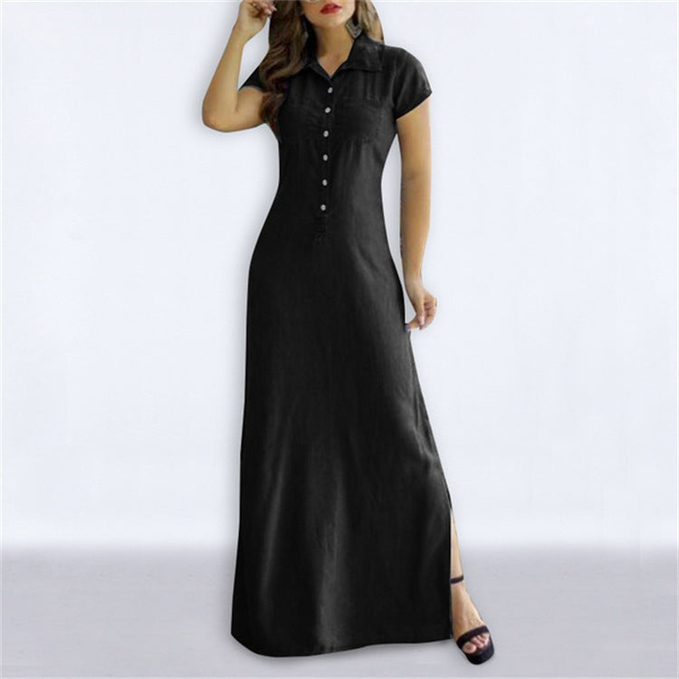 Lapel Short Sleeve Big Swing A-Line Slit Denim Shirtdress Casual Wholesale Maxi Dresses