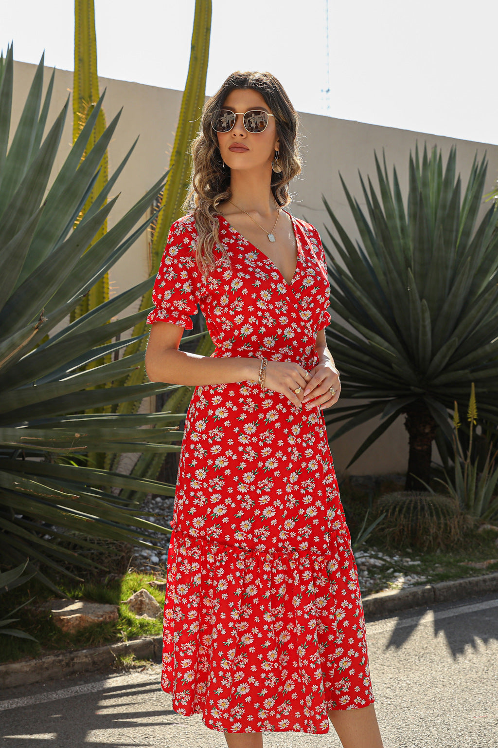 V Neck Tie-Waist Daisy Print Midi Ruffled Swing Dress Wholesale Dresses