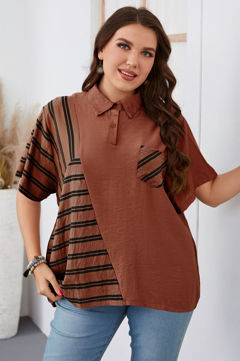 Turn Down Collar Striped Print Button Down Wholesale Plus Size Tops for Summer