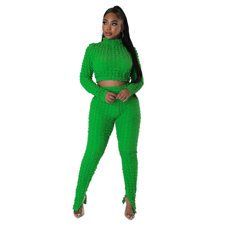 Casual Long Sleeve Crop Tops & Pants Solid Color Bubble Slim Wholesale Womens 2 Piece Sets