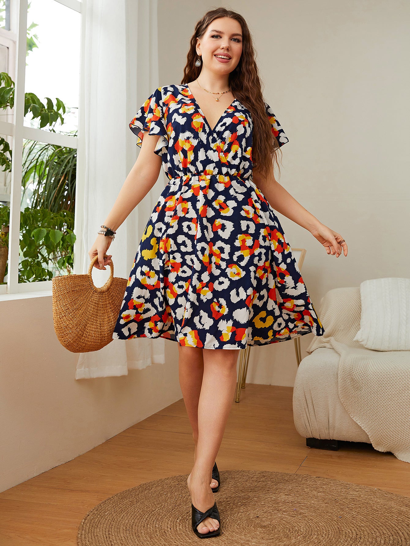 Fashion Print V Neck A-Line Dress Loose Short Sleeve Plus Size Wholesale Dresses