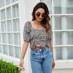 Sexy Square Collar Shirt Casual Half Sleeve Smocked Print Wholesale Crop Tops
