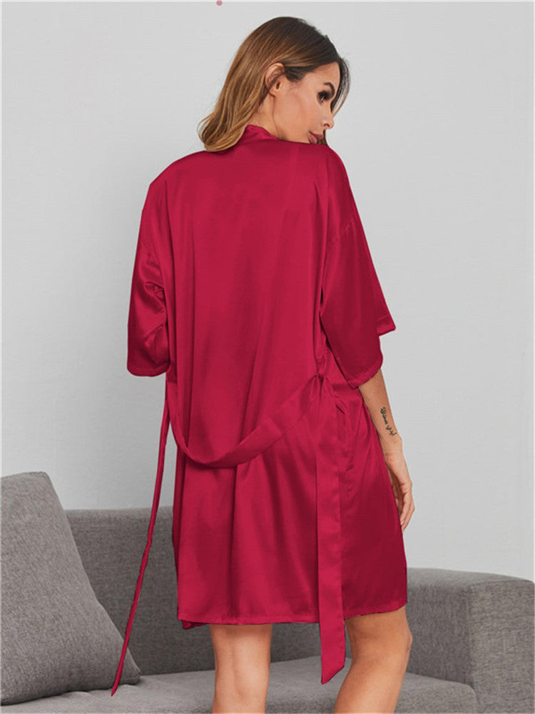 Solid Color Bathrobe Womens Satin Nightgown Casual Home Wear Wholesale Loungewear