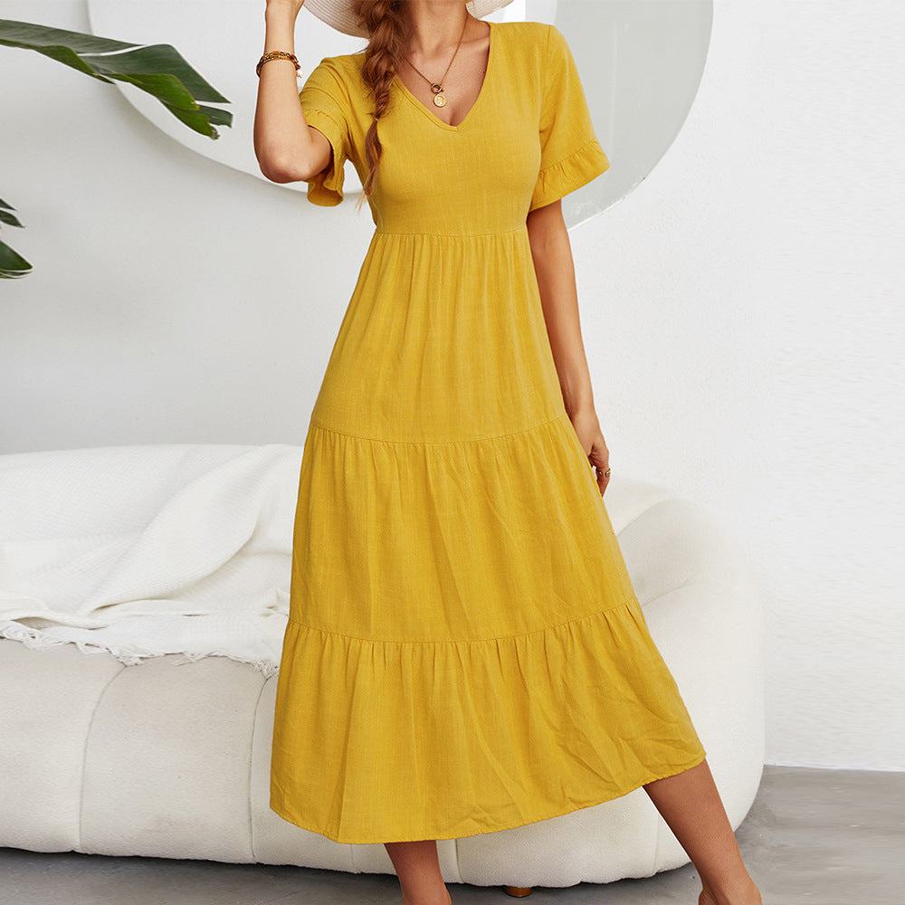 Fashion Loose V-Neck Swing Dress Solid Color Short Sleeve Wholesale Dresses