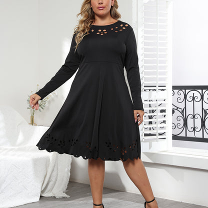 Hollow Design Long Sleeve Big Swing Wholesale Plus Size Dresses Solid Color