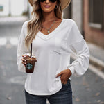 Casual Solid Color V-Neck Tops Wholesale Womens Long Sleeve T Shirts