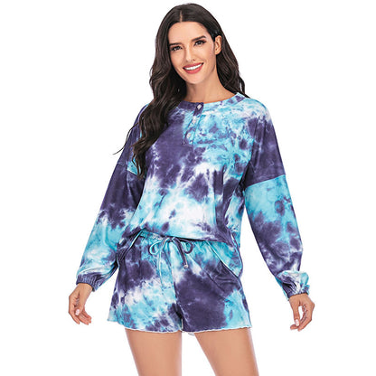 Tie Dye Print Long Sleeve Tops & Shorts Homewear Pajamas Sets Wholesale Loungewear