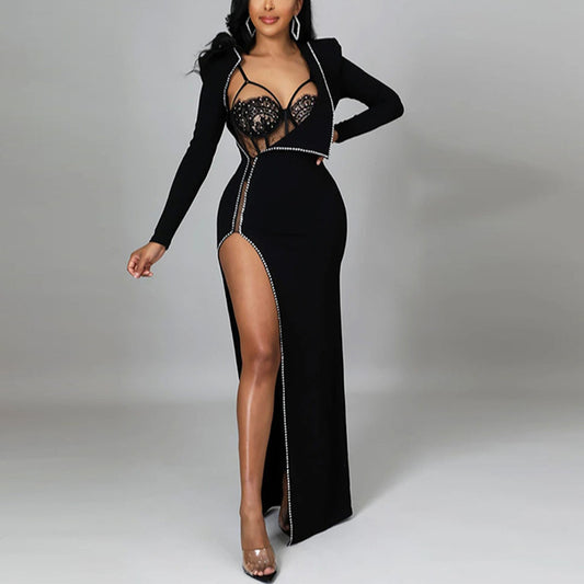 Sexy Mesh Bodysuit & Slit Long-Sleeve Dress Wholesale Women'S 2 Piece Sets