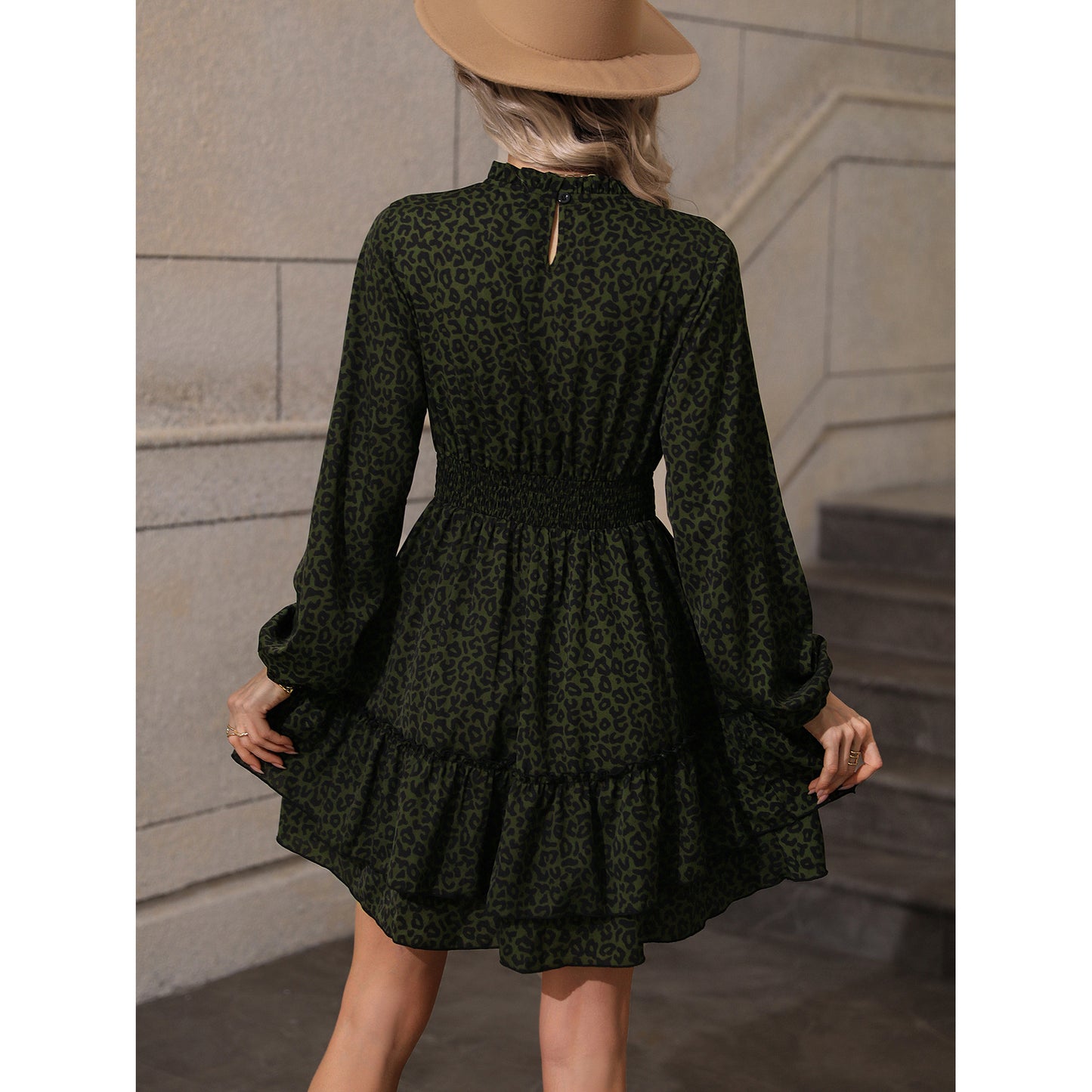 Leopard Print Stand Collar Long-Sleeve Waist Ruffled Dress Wholesale Dresses