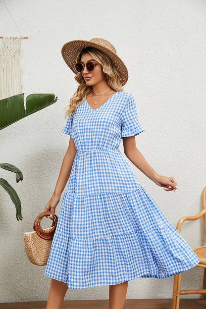 Pleated Tie Short Sleeve Square Neck Plaid Dress Wholesale Dresses