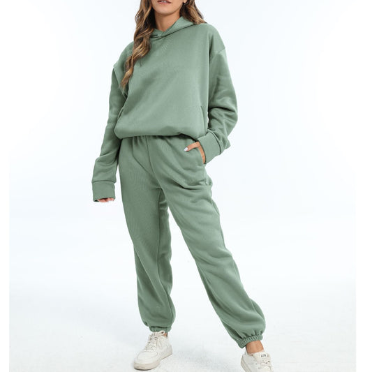 Fashion Casual Thick Solid Color Hooded Sweatershirt Long-Sleeved & Long Trousers Womens 2 Piece Sets