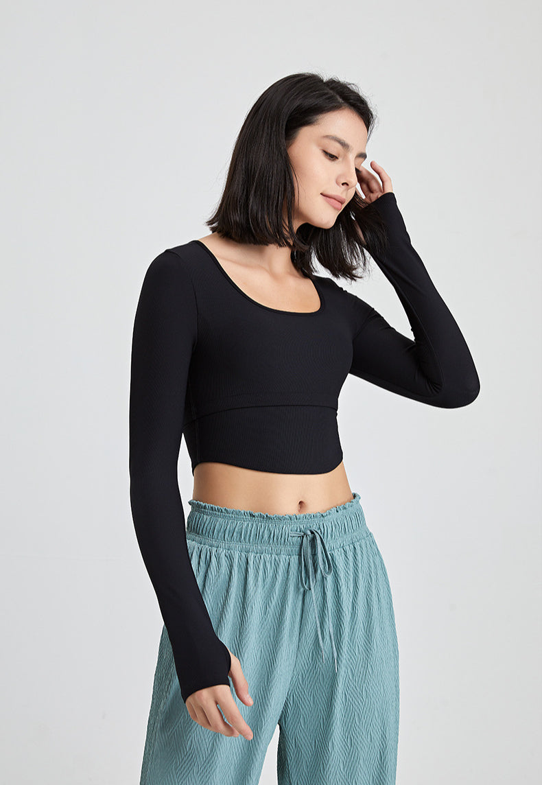 Sexy Yoga Crop Tops With Chest Pad Solid Color Long Sleeve Women Wholesale Activewear