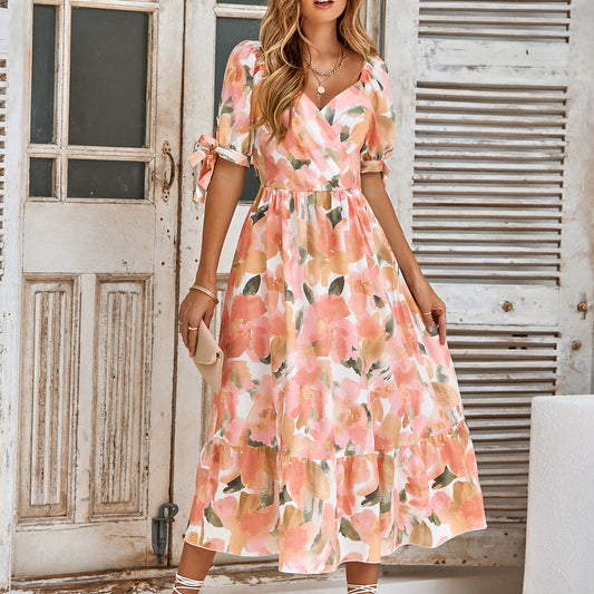 Printed Waist Puff Sleeve V-Neck Casual Dress Wholesale Dresses