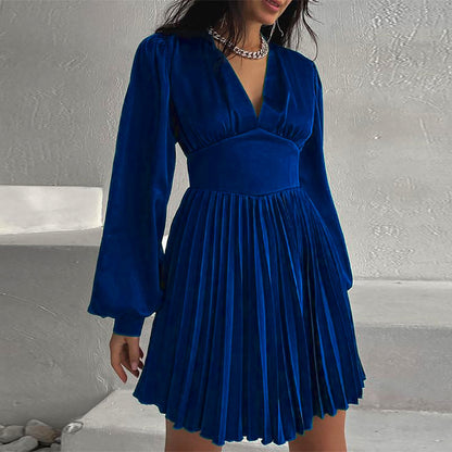 Long Sleeve Deep-V Sexy Pleated Satin Dress Wholesale Dresses