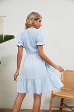 Round Neck Solid Color Short Sleeve Ruffled Dress Wholesale Dresses