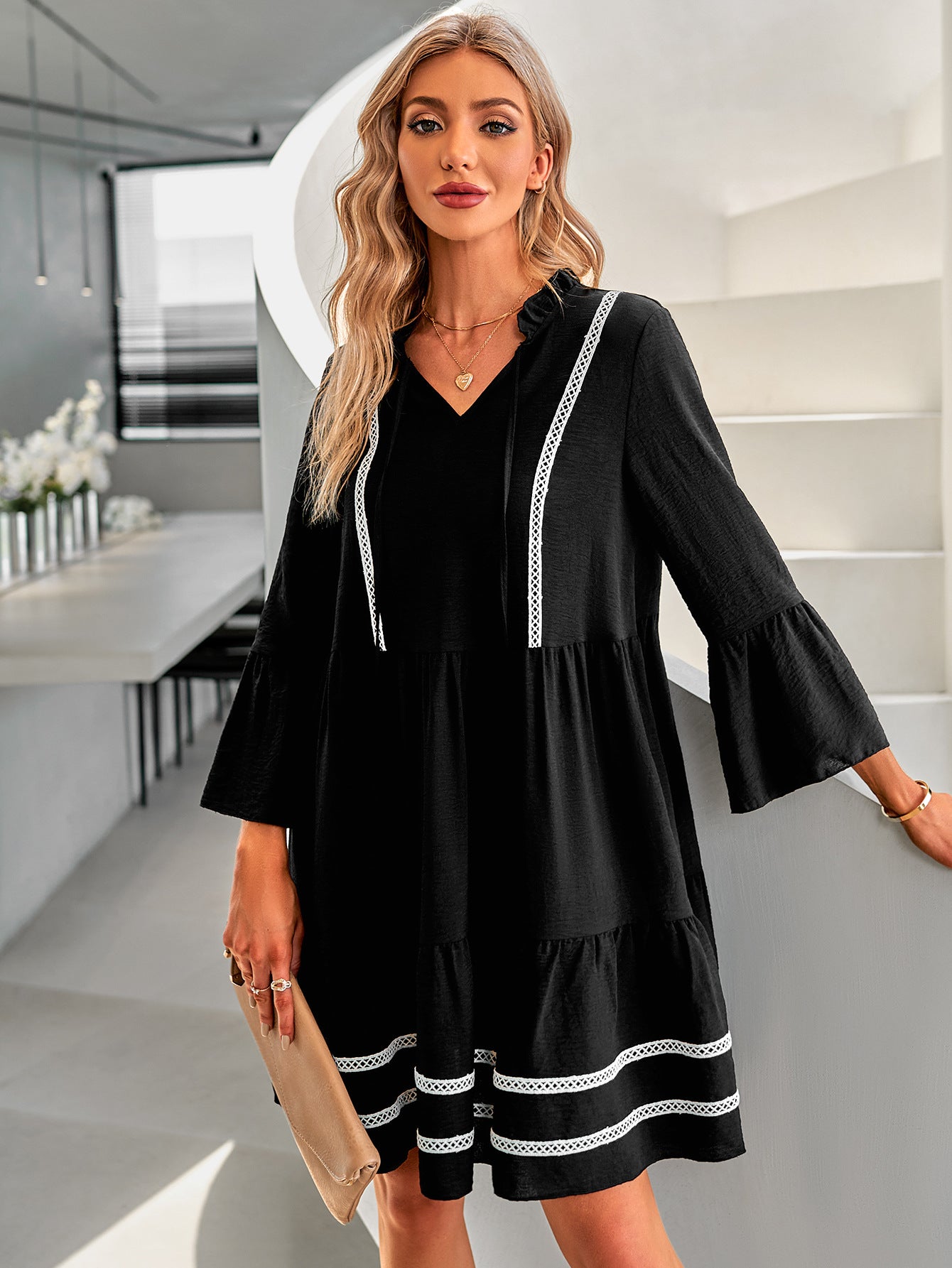 Ruffled Collar Lace-Up Flared Sleeve Casual Smocked Dress Wholesale Dresses