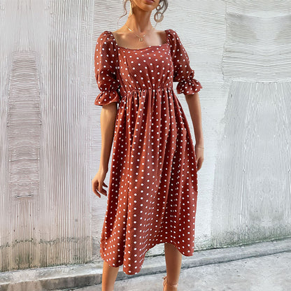 Polka Dot Print Square Neck Ruffle Sleeve Wholesale Pleated Dresses