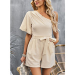 Solid Color One Shouder Ruffle Sleeve Tie-Up Waist Women Rompers Wholesale Jumpsuits