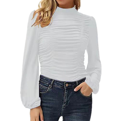 Women Solid Color Lantern Sleeve High Neck Tight Top