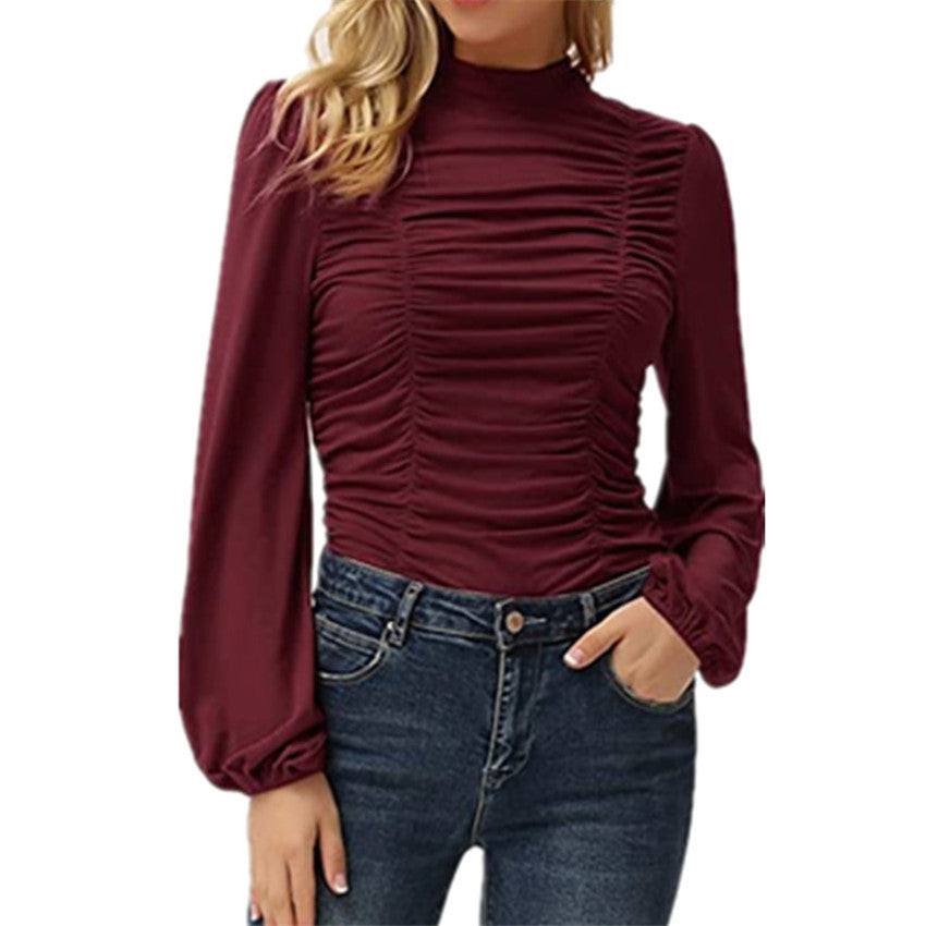 Women Solid Color Lantern Sleeve High Neck Tight Top