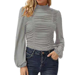 Women Solid Color Lantern Sleeve High Neck Tight Top