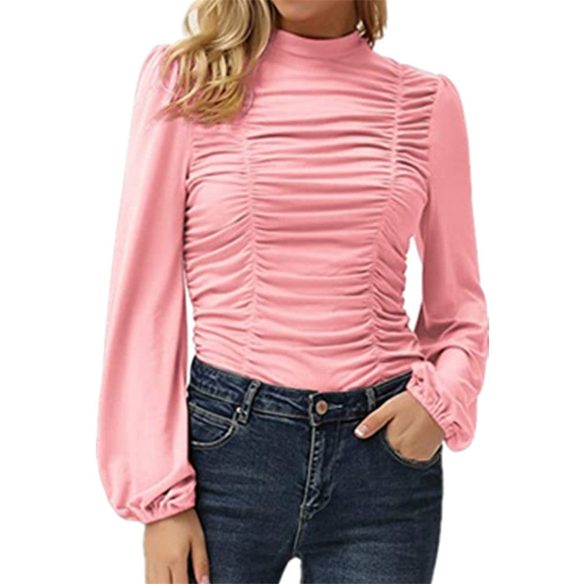 Women Solid Color Lantern Sleeve High Neck Tight Top