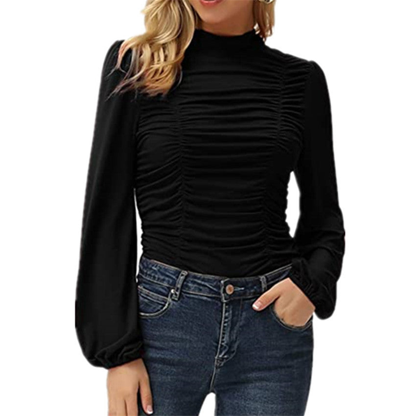 Women Solid Color Lantern Sleeve High Neck Tight Top