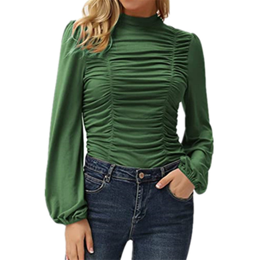 Women Solid Color Lantern Sleeve High Neck Tight Top