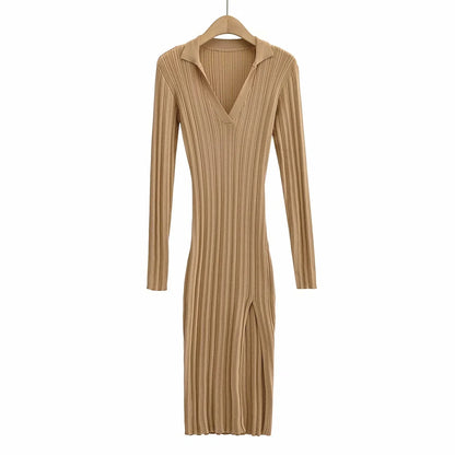 Bodycon Slit Full Sleeve Solid Ribbed Midi Dress