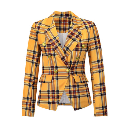 Long Sleeve Plaid Lapel Collar Blazer Wholesale Women Clothing