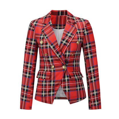 Long Sleeve Plaid Lapel Collar Blazer Wholesale Women Clothing