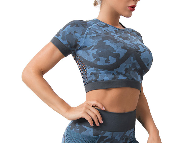 Short Sleeve Mesh Camo Holes Sports Top Wholesale