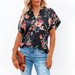 Floral Graphic V Collar Short Sleeve Blouse Wholesale Clothing Suppliers
