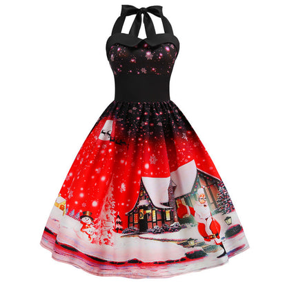 Christmas Model Print Hanging Neck Swing Dress SD160274