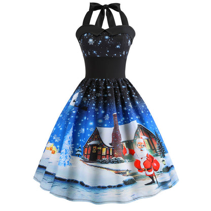 Christmas Model Print Hanging Neck Swing Dress SD160274