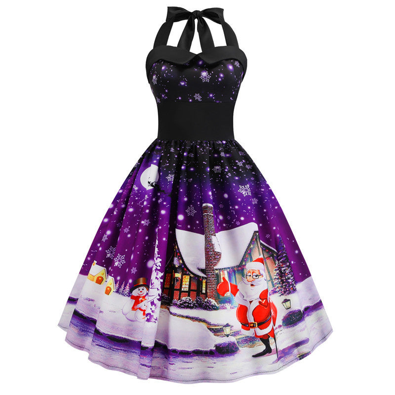 Christmas Model Print Hanging Neck Swing Dress SD160274