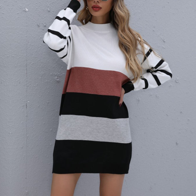 Color Matching Long Knit Bottoming Sweater Dress Women Clothing Wholesale