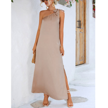 Solid Color Loose Strappy Slit Satin Dress Wholesale Maxi Dresses