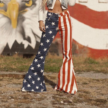 Slim Fit Tie American Flag Printed Denim Trousers Independence Day Womens Pants Wholesale Flared Jeans