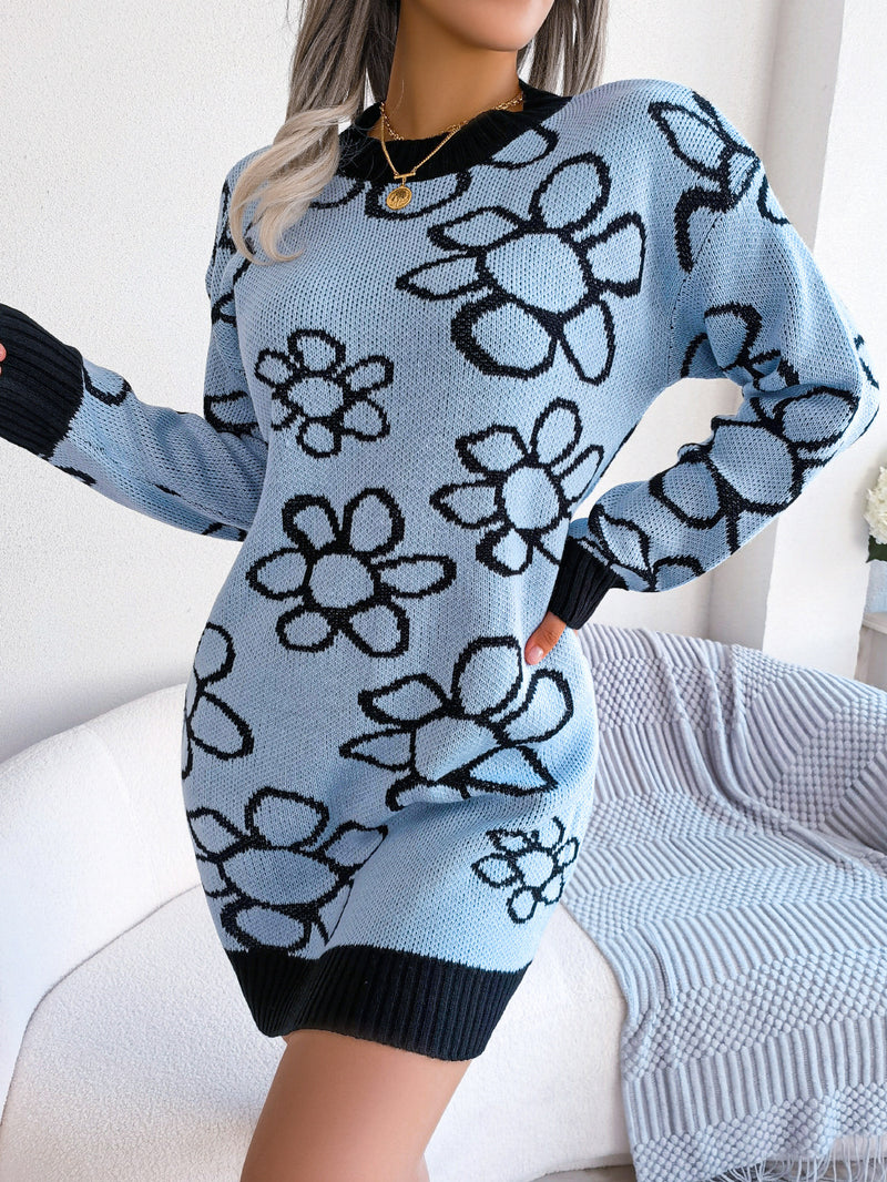 Fashion Long-Sleeved Flower Print Knitted Dress Wholesale Dresses