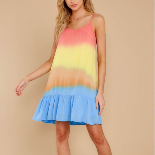 Tie-Dye Rainbow Gradient Print Sling Loose Ruffled Dress Wholesale Dresses