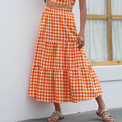 Casual Plaid Tiered Midi Skirt Loose High Waist Wholesale Clothing Vendors