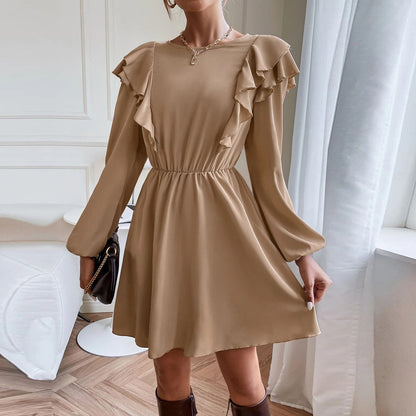 Ruffled Round Neck Long-Sleeve A-Line Dress Wholesale Dresses