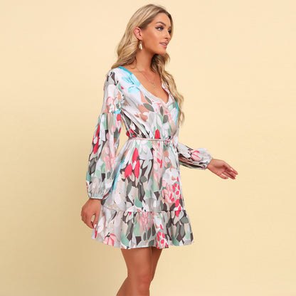 Sexy V-Neck Lace-Up Floral Dress Long Sleeve Wholesale Dresses