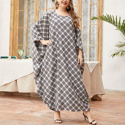 Casual Loose Bat Sleeve Plaid Maxi Dress Wholesale Plus Size Clothing